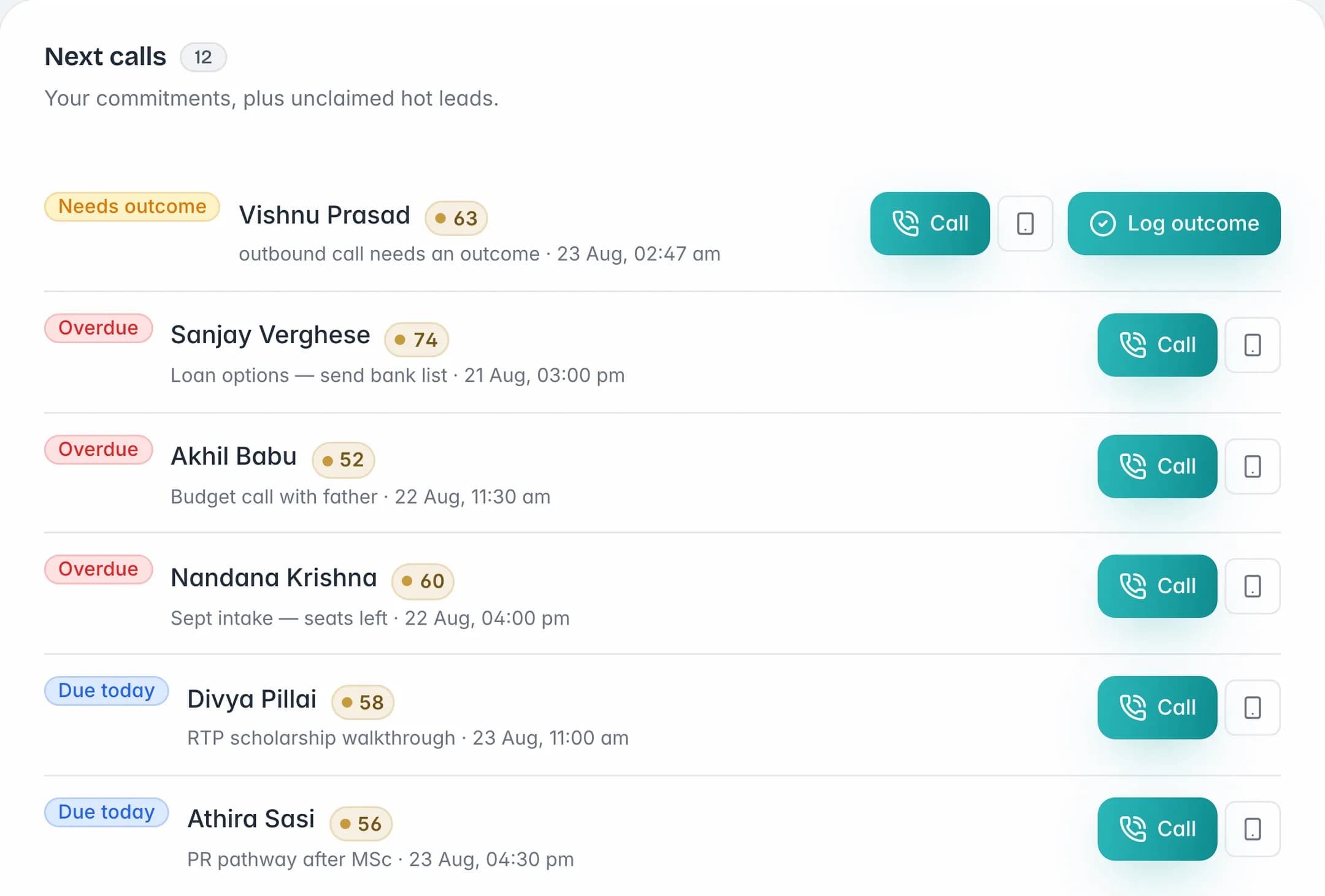 The Crosvia call queue: three leads ordered by what is owed — an overdue follow-up, then two hot leads nobody has called — each showing its score and the reason it is in the queue.
